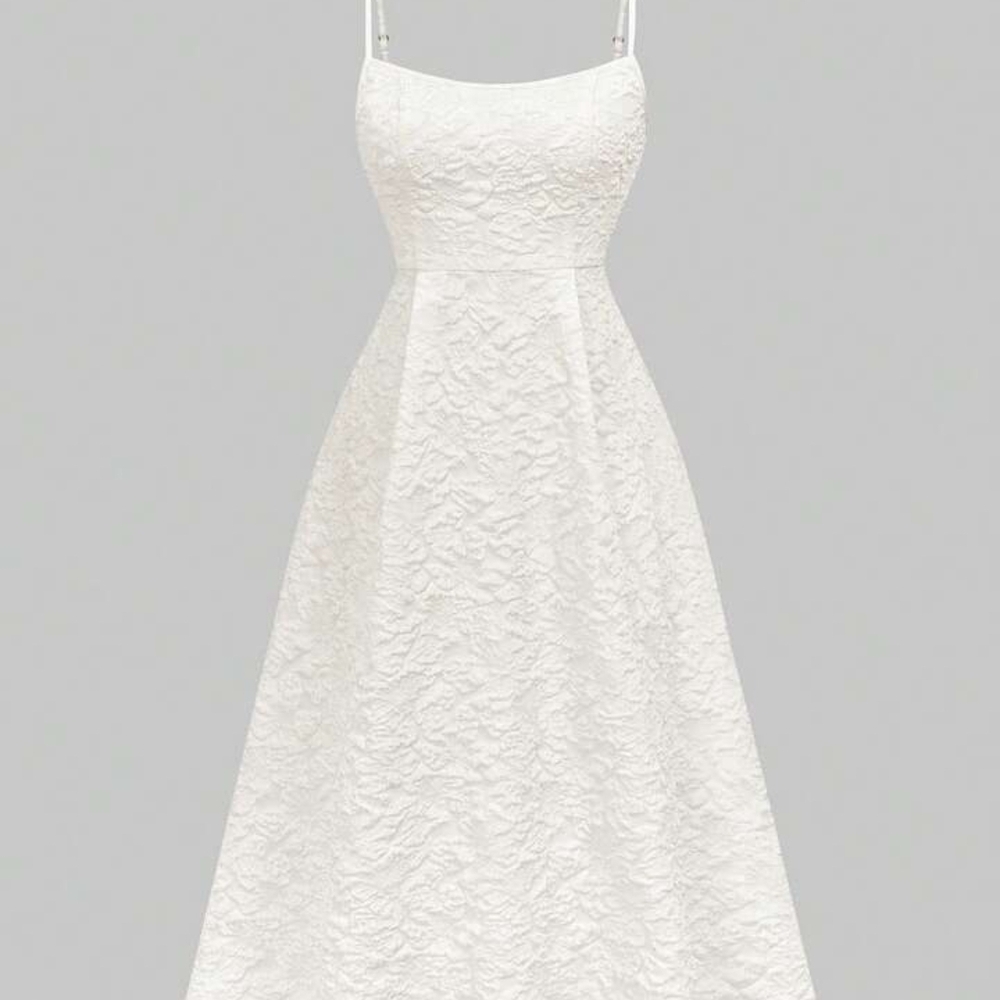 White Textured A-Line Spaghetti Strap Dress